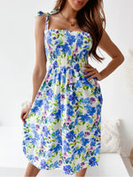 Floral Smocked Bodice Tie Shoulder Summer Dress