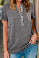 Full Size Half Button Short Sleeve T-Shirt - Ladyez
