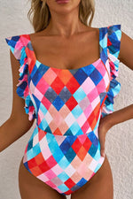 Multicolor Plaid Print Square Neck Frill Sleeveless Backless One-Piece Swimwear - Ladyez