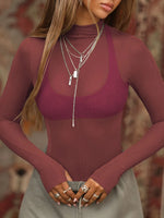 Mock Neck Long Sleeve Sheer Top - Ladyez