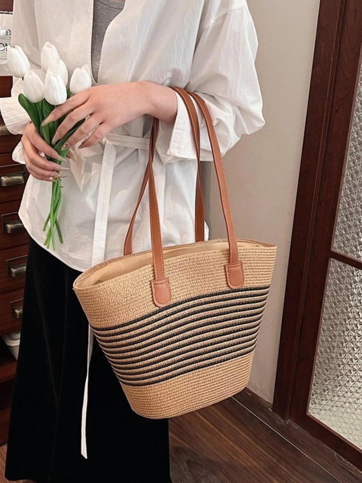 Striped Woven Straw Shoulder Bag