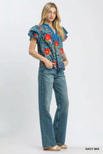 Umgee Abstract Print Flutter Sleeve Blouse