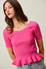 SO ME Ribbed Knit Short Sleeves Peplum Sweater Top