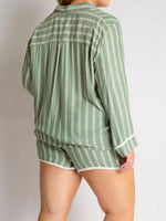 Striped Collared Neck Long Sleeve Top and Shorts Lounge Set - Ladyez