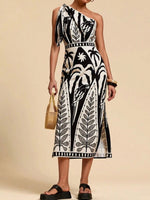 One-Shoulder Tropical Print Midi Dress