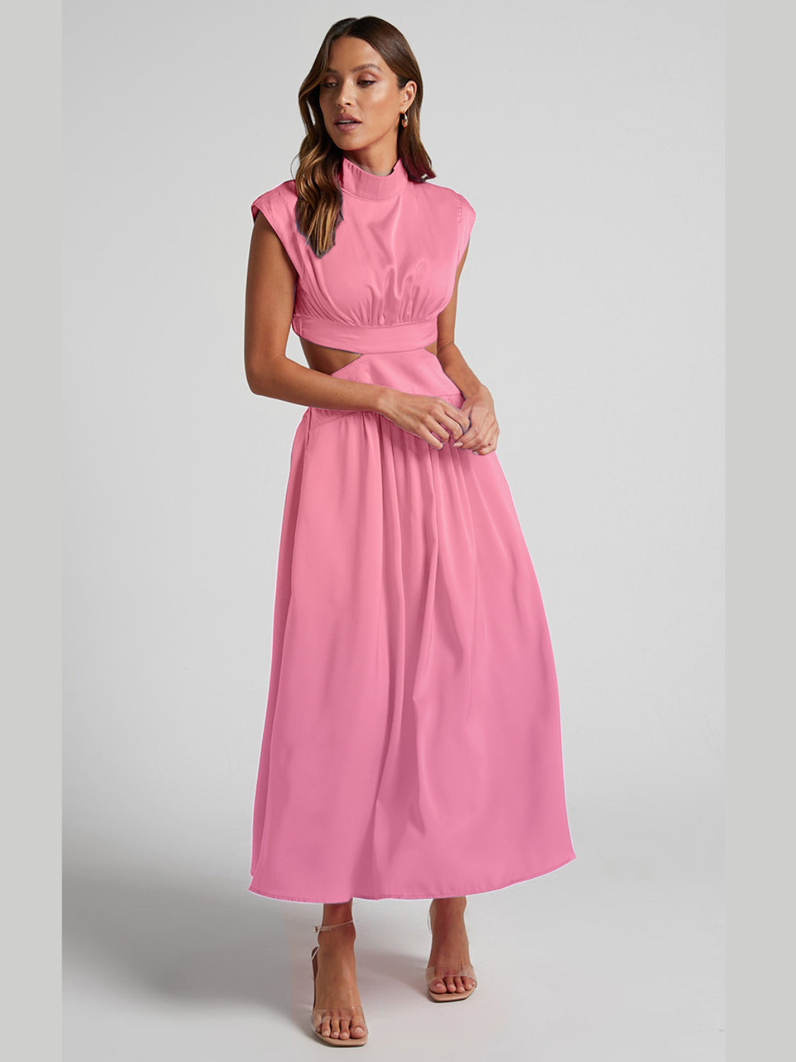 Cutout Mock Neck Sleeveless Ruched Dress - Ladyez