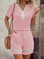 Lace Trim V-Neck Top and Shorts Two-Piece Set
