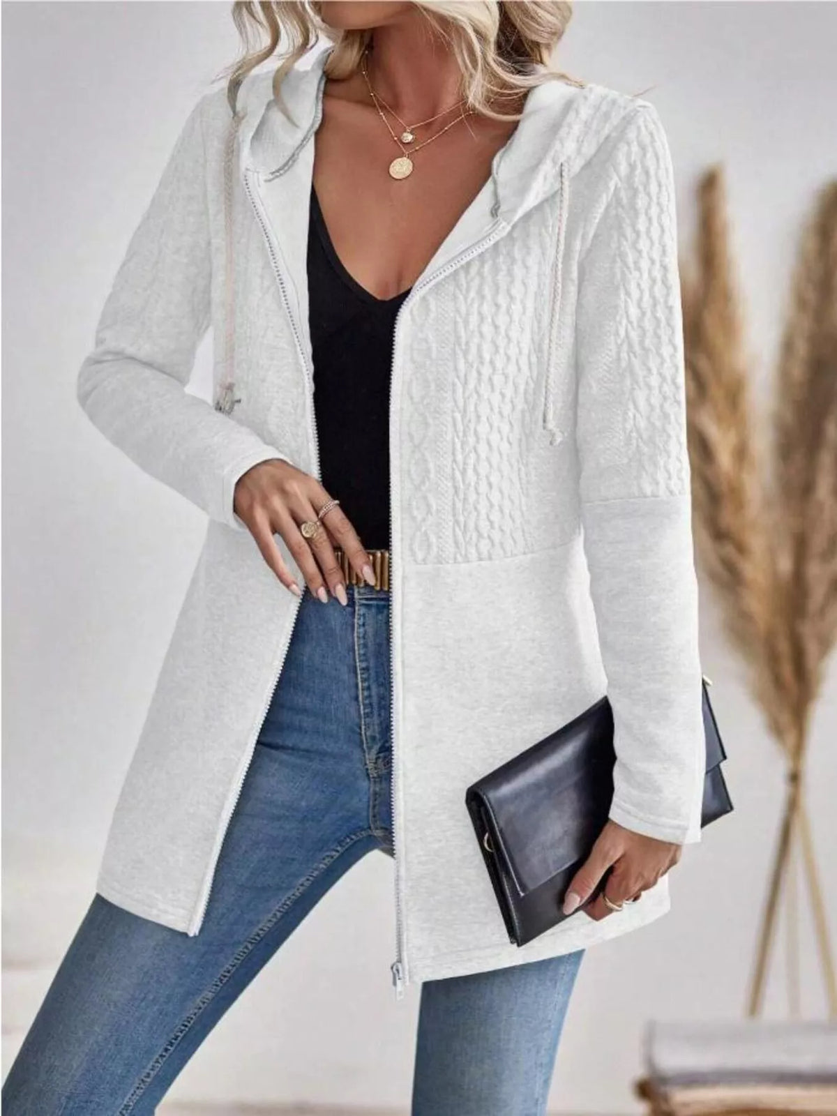 Drawstring Textured Zip Up Drawstring Hooded Jacket