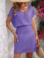 Openwork V-Neck Short Sleeve Cover-Up Dress - Ladyez