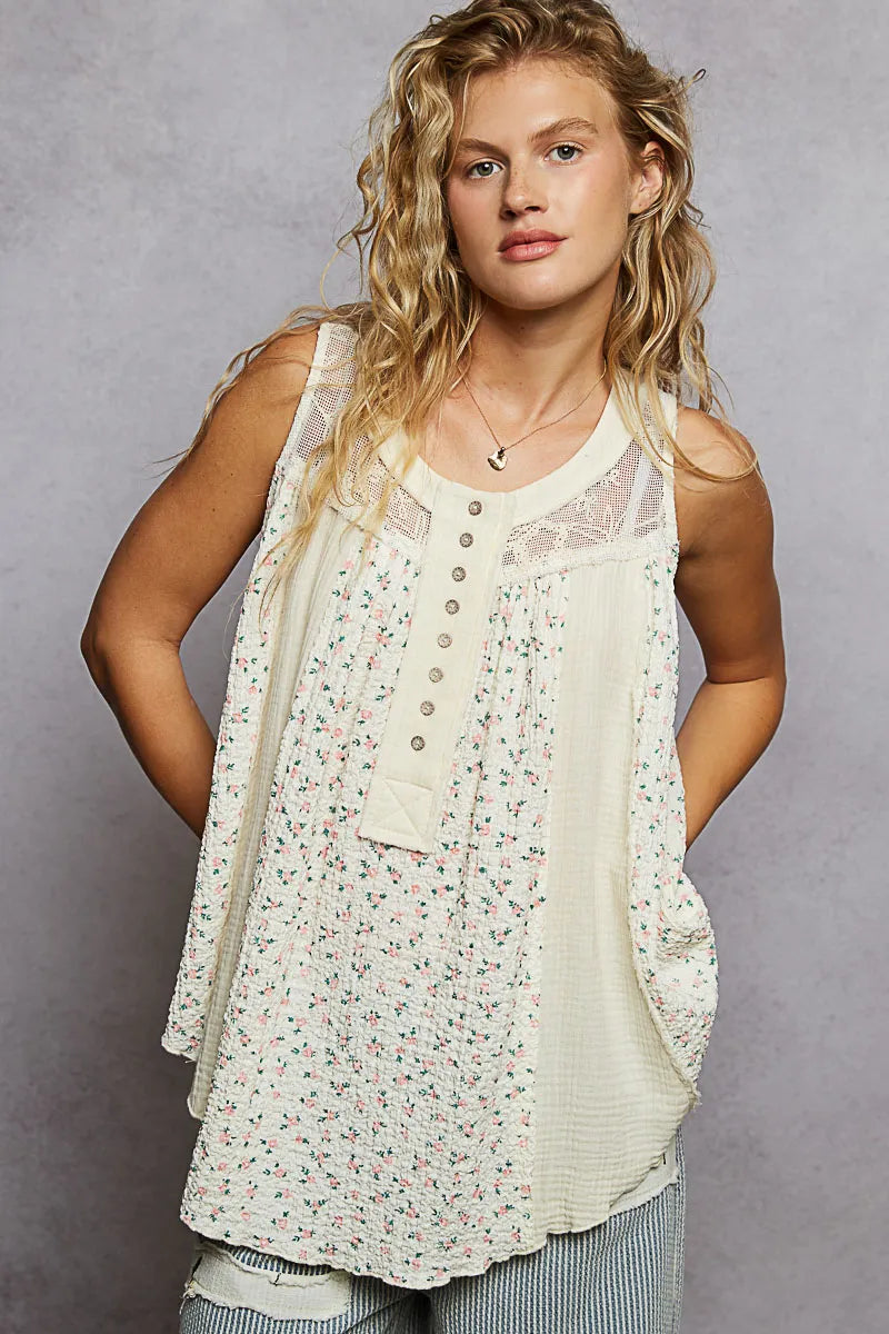 POL Floral Print Button-Front Lace Patchwork Tank Top - Ladyez