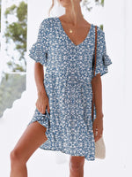 Polka Dot V-Neck Short Sleeve Mini Dress - Ladyez