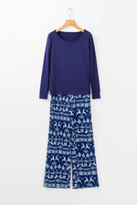 Round Neck Long Sleeve Top and Printed Pants Lounge Set - Ladyez