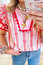 Ric-Rac Trim Ruffled Sleeve Striped Printed Blouse