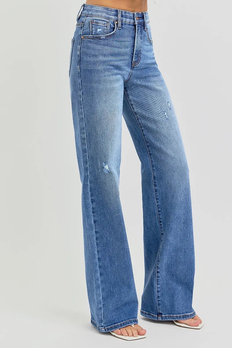 RISEN Full Size Tummy Control Elastic Band High Rise Wide Jeans Plus Size - Ladyez