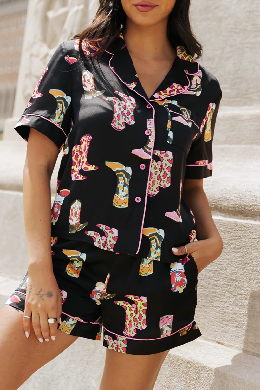 Printed Button Up Short Sleeve Top and Shorts Lounge Set - Ladyez