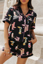 Printed Button Up Short Sleeve Top and Shorts Lounge Set - Ladyez