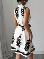 Sleeveless Ruched Printed Tie Waist Dress