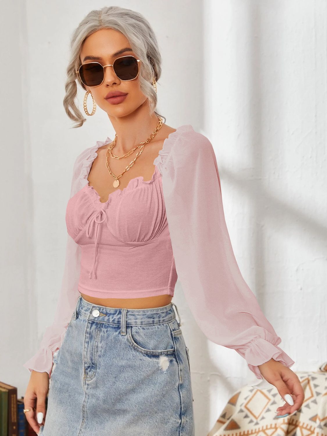 Mesh Sweetheart Neck Flounce Sleeve Top - Ladyez