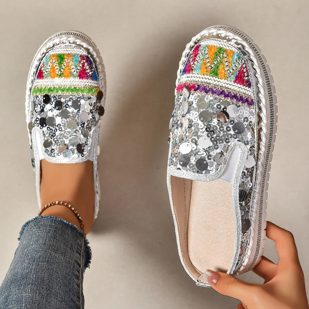 Sequin Round Toe Platform Loafers