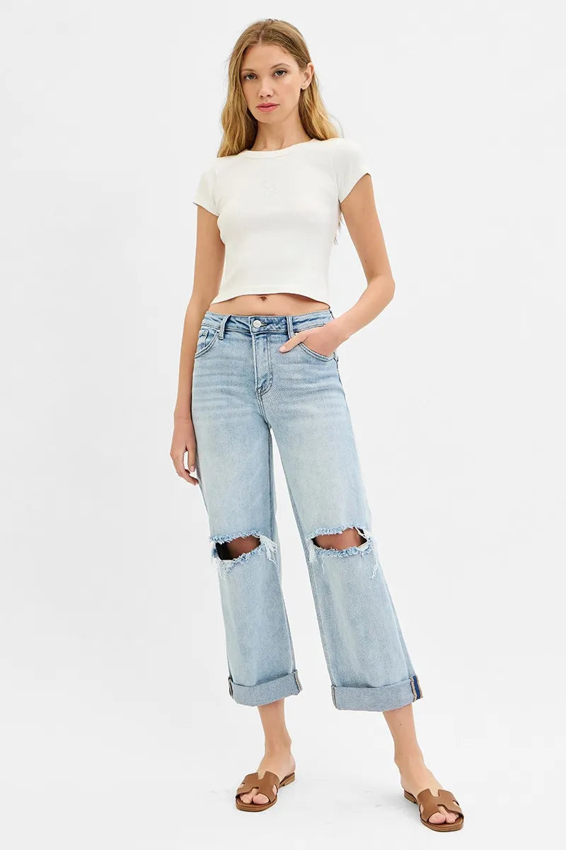 RISEN Full Size Mid Rise Fit Boyfriend Jeans with Cuff Plus Size - Ladyez