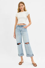 RISEN Full Size Mid Rise Fit Boyfriend Jeans with Cuff Plus Size - Ladyez