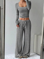 Striped Long Sleeve Crop Top and Wide Leg Pants Set