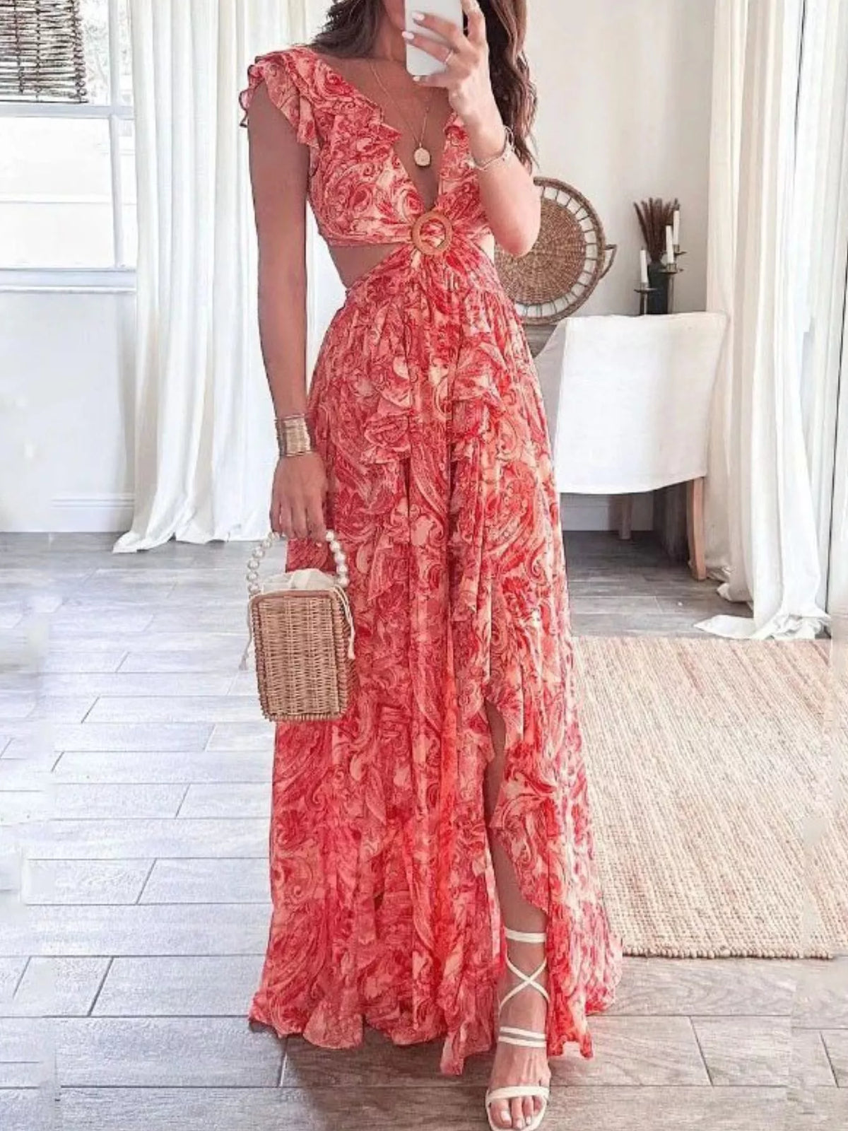 Full Size Ruffled Cutout V-Neck Maxi Dress Plus Size