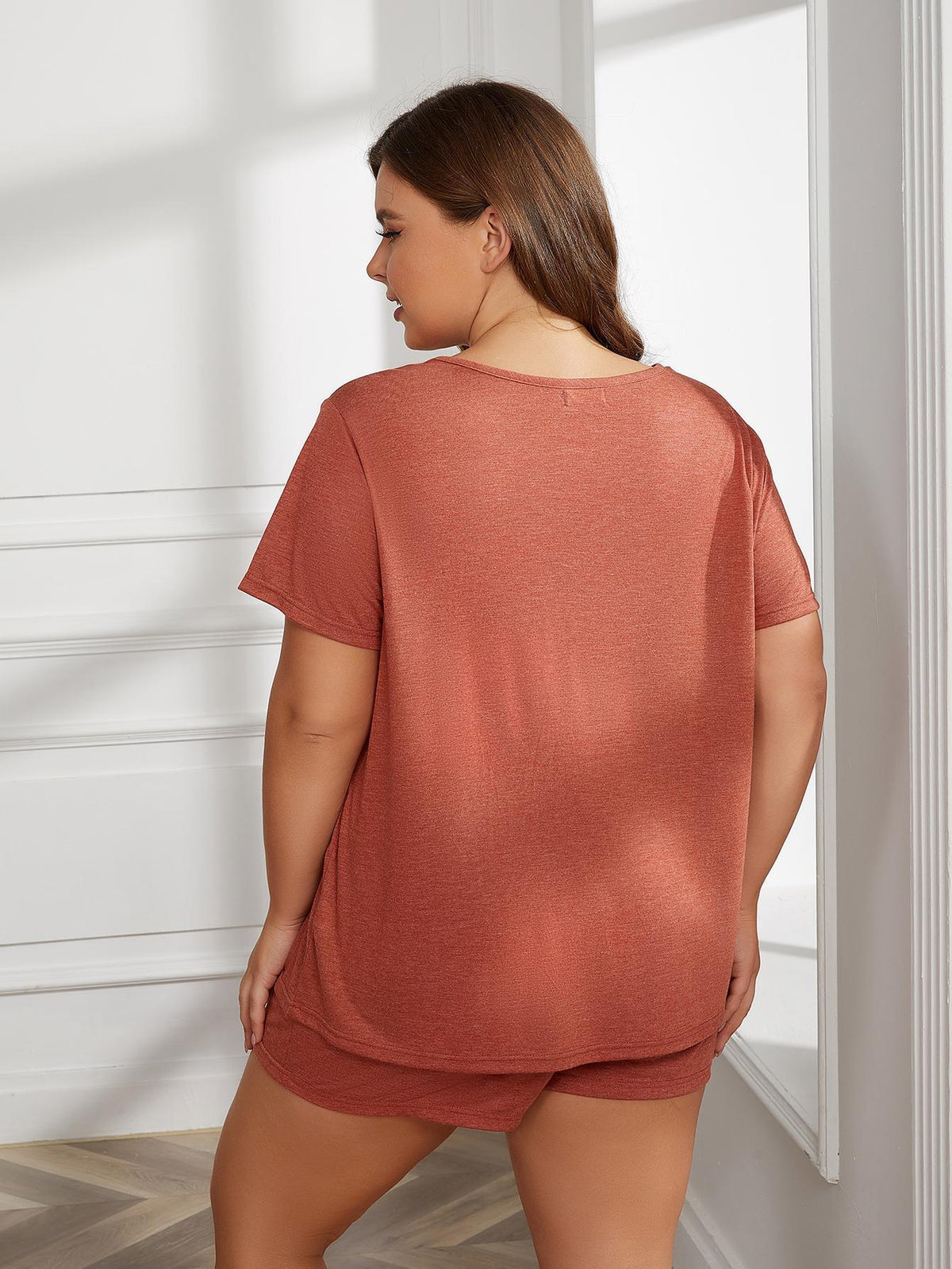 Plus Size Round Neck Short Sleeve Two-Piece Loungewear Set - Ladyez