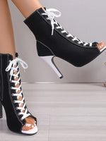 Canvas Lace-Up Peep Toe Stiletto Ankle Boots - Ladyez