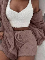 Full Size 3-Piece Fuzzy Plush Cardigan and Shorts Lounge Set with Crop Top Plus Size