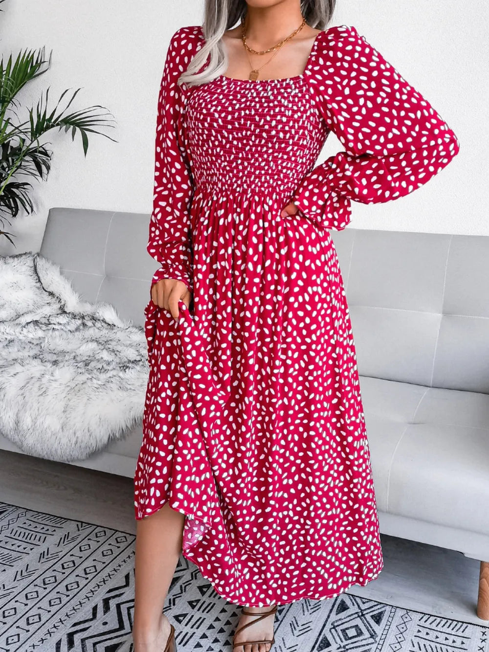 Smocked Square Neck Flounce Sleeve Dress - Ladyez