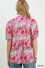 Umgee Abstract Print Puff Sleeve Top