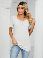 Ruched V-Neck Short Sleeve T-Shirt - Ladyez