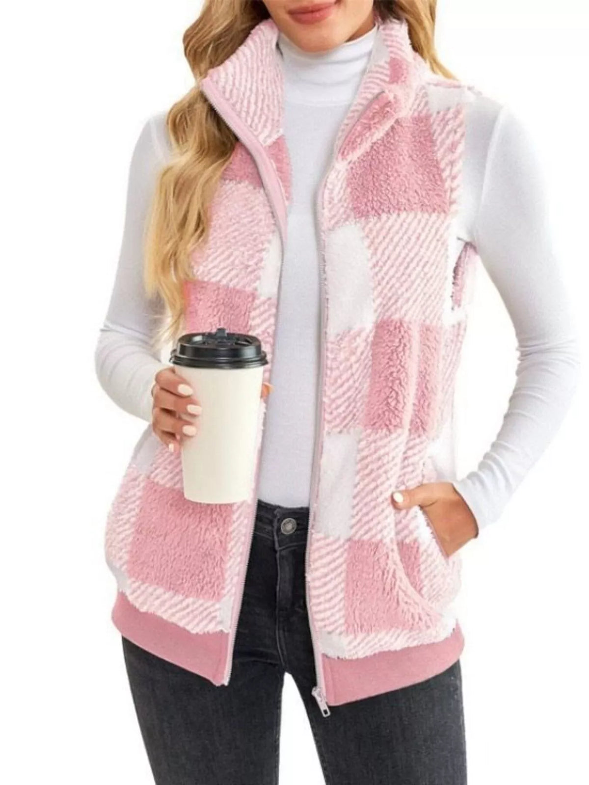 Full Size Color Block Zip Up Vest Coat Plus Size