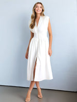 Smocked Zip Front Cap Sleeve Dress - Ladyez