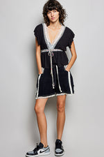POL Tied Ruffled V-Neck Short Sleeve Blouse with Lace Detail