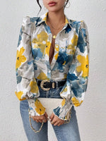 Printed Button Up Lantern Sleeve Shirt