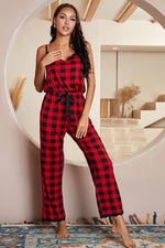 Plaid Lace Trim Spaghetti Strap Jumpsuit - Ladyez