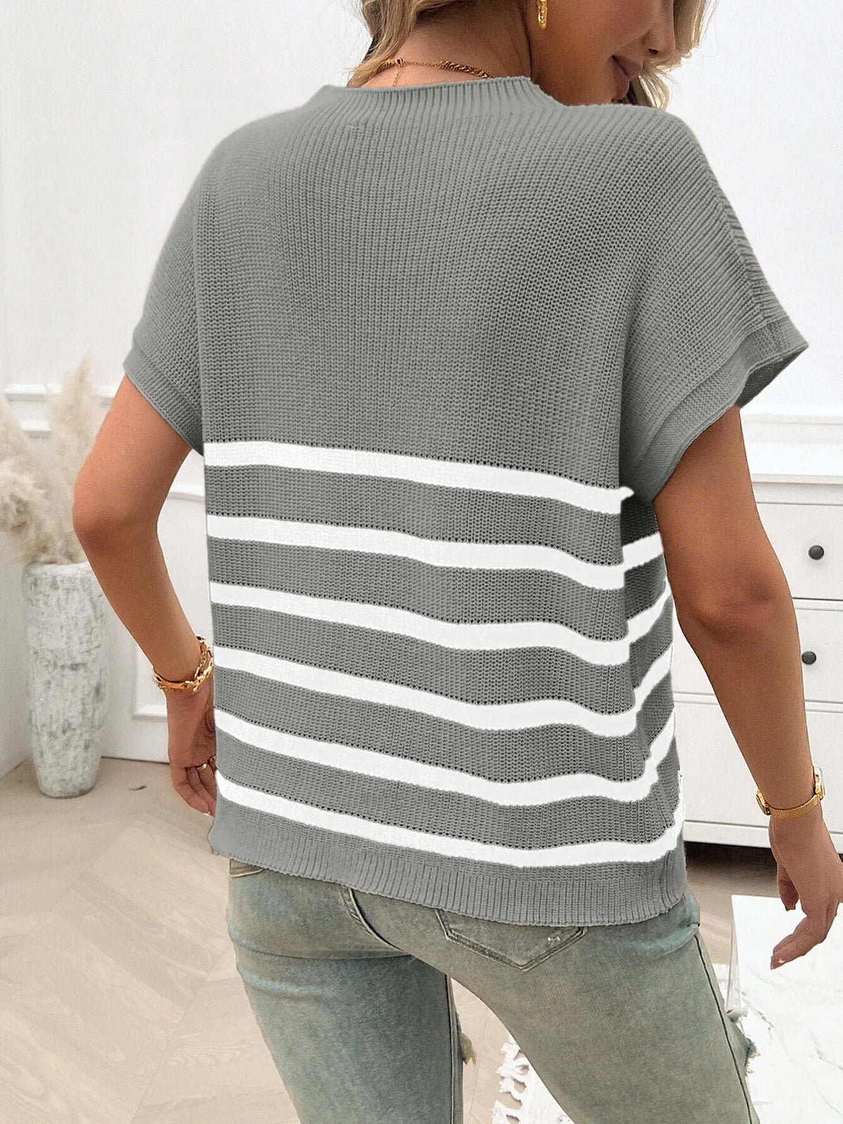 Striped Round Neck Short Sleeve Sweater