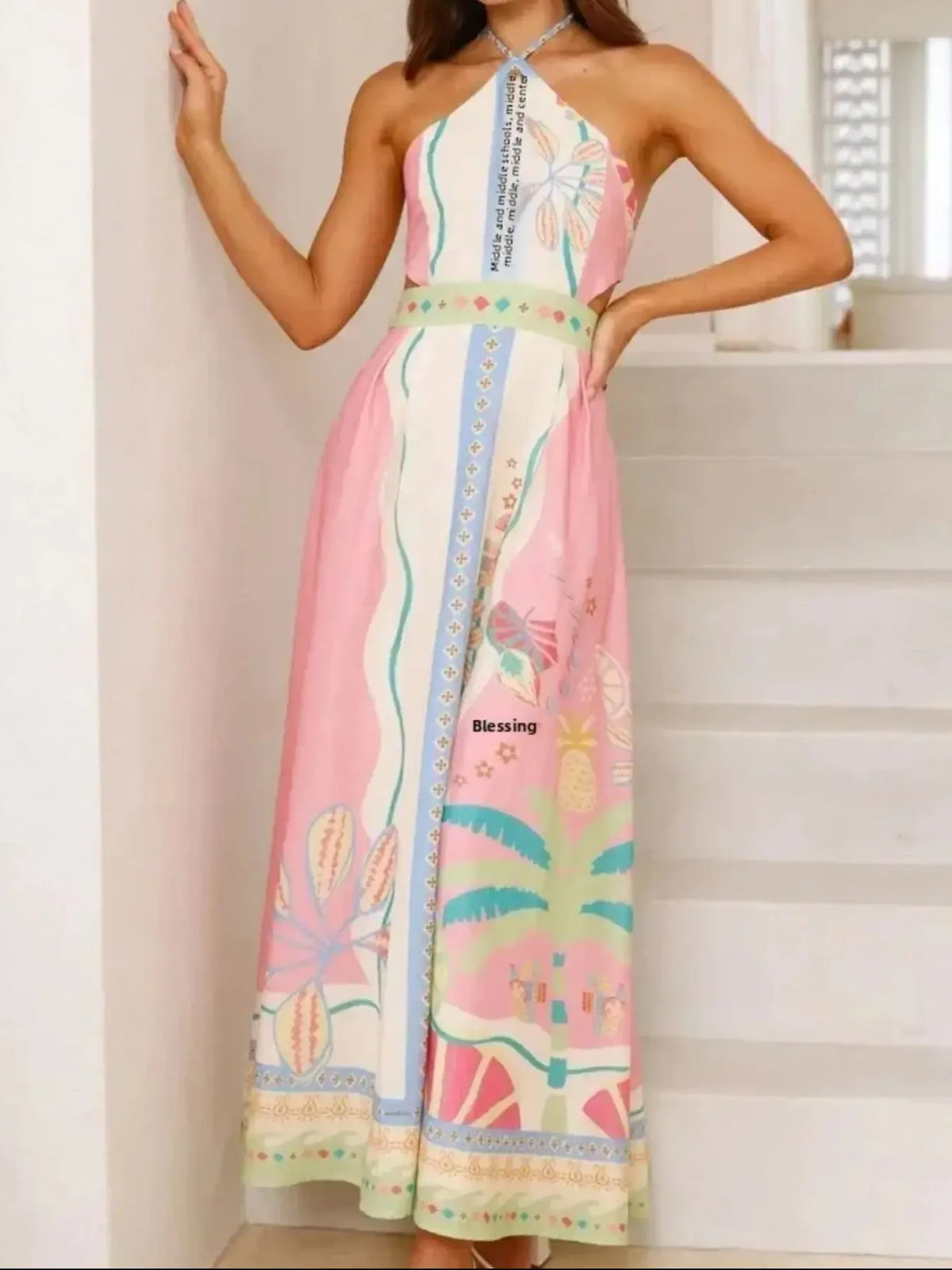 Halter Neck Printed Maxi Dress - Ladyez