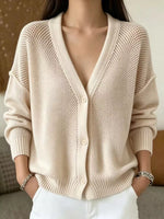 V-Neck Open-Knit Button-Down Cardigan