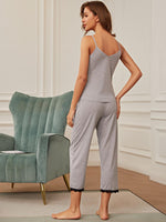 V-Neck Lace Trim Slit Cami and Pants Pajama Set - Ladyez