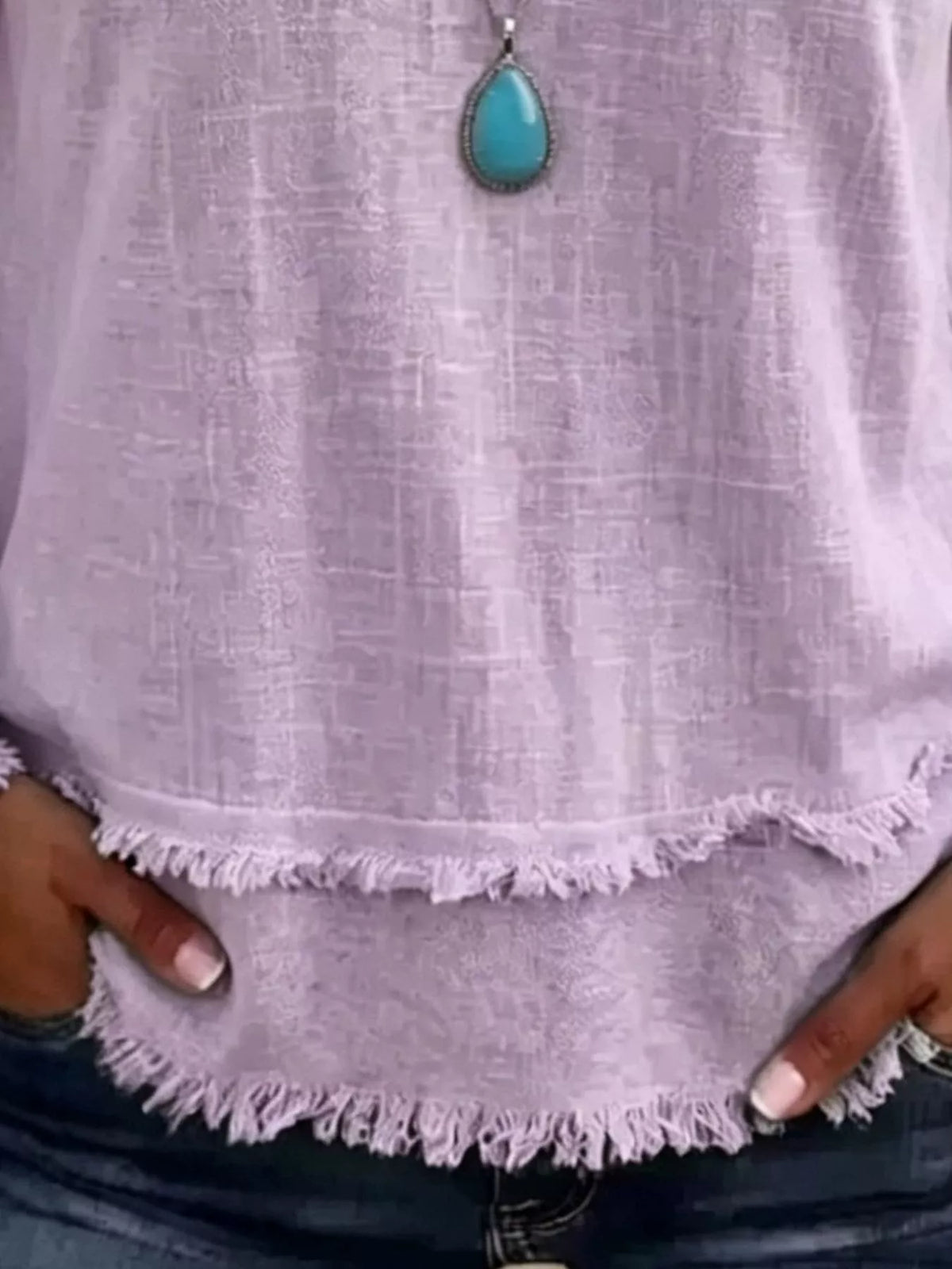 V-Neck Long Sleeve Blouse with Frayed Hem Detail
