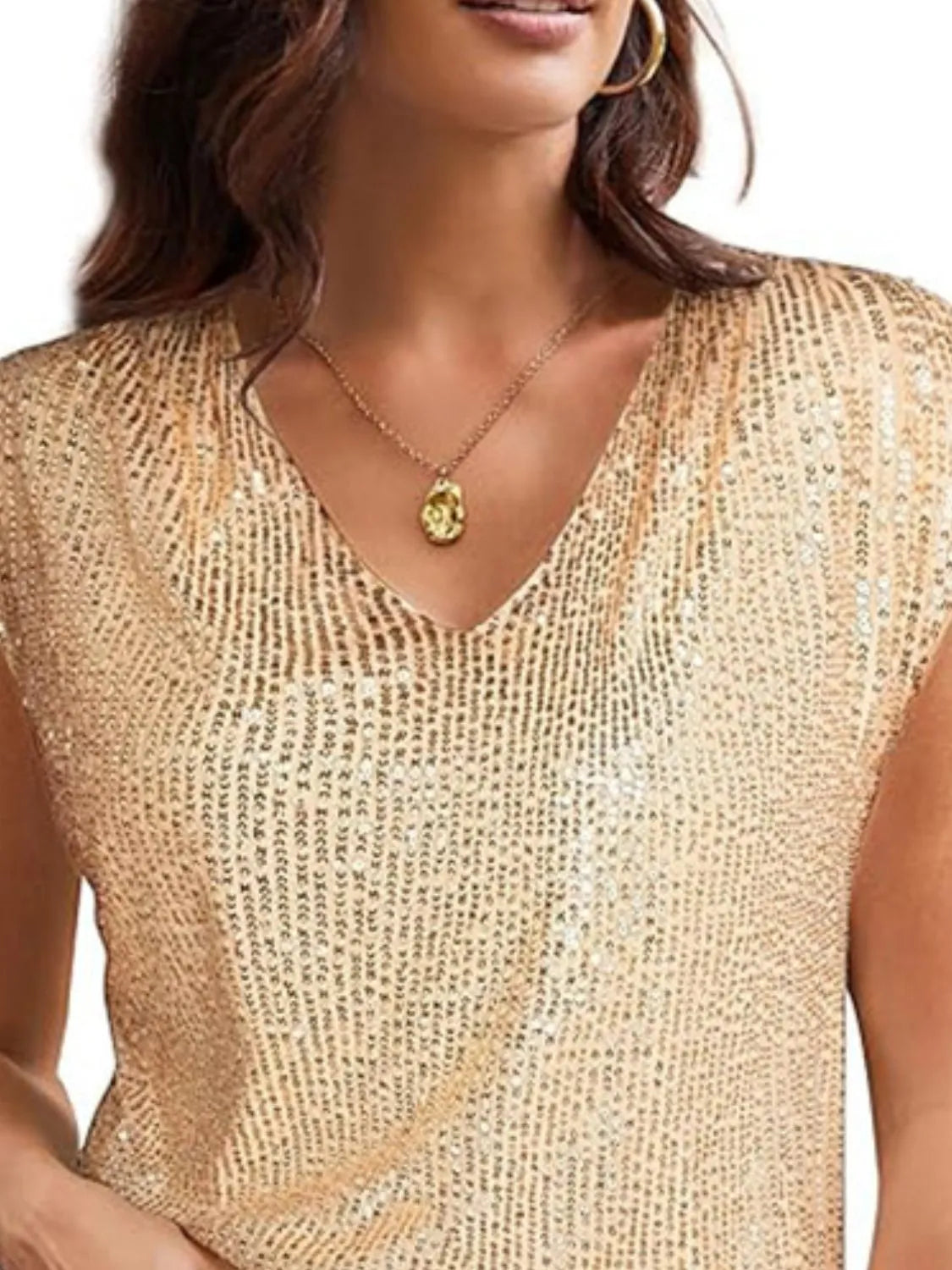 V-Neck Sequin Cap Sleeve Top - Ladyez