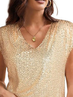 V-Neck Sequin Cap Sleeve Top - Ladyez