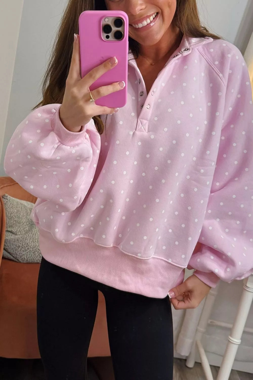 Polka Dot Print Metal Button Collar Casual Pullover Sweatshirt