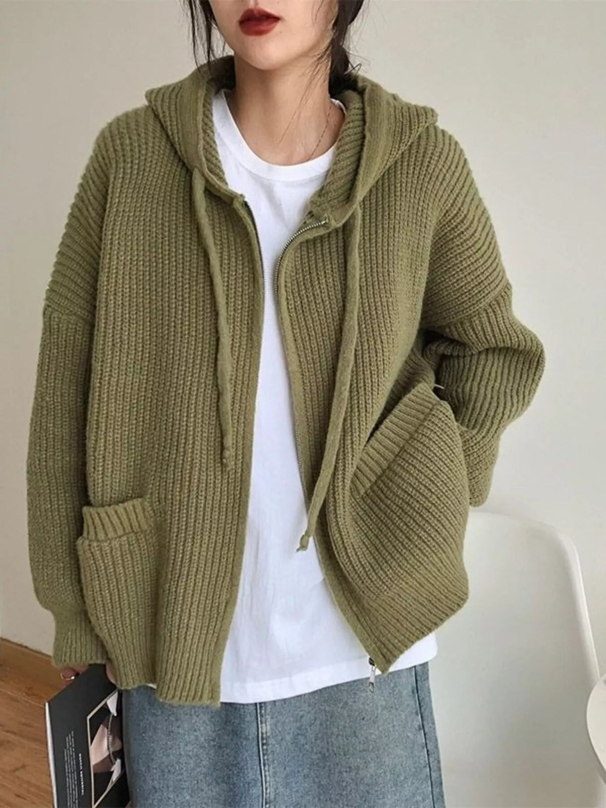 Full Size Casual Knitted Zip-Up Hooded Cardigan Plus Size