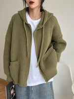 Full Size Casual Knitted Zip-Up Hooded Cardigan Plus Size