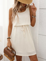 Waffle-Knit Drawstring Mini Tank Dress - Ladyez