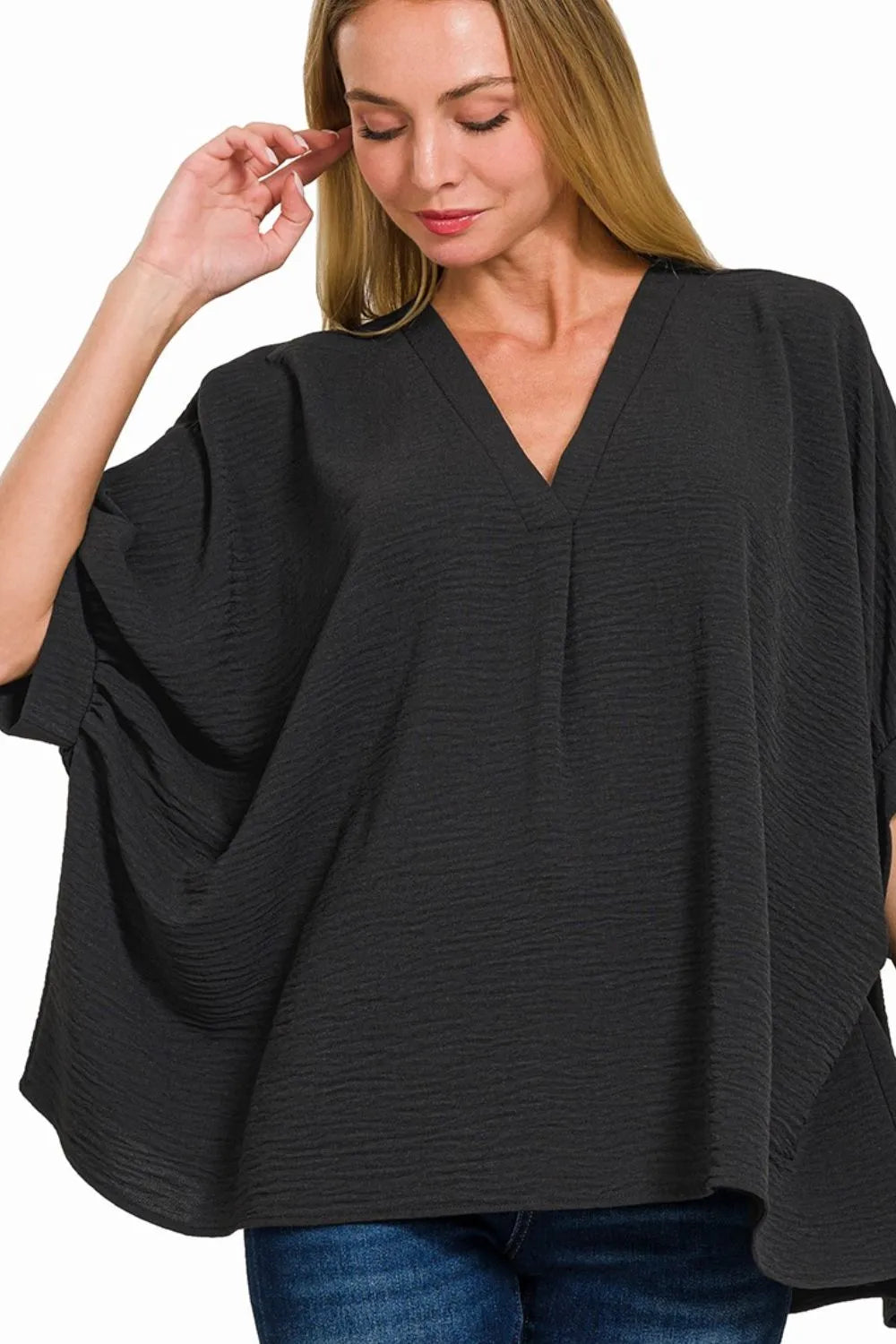 Zenana Woven Airflow V-neck Puff Half Sleeve Top